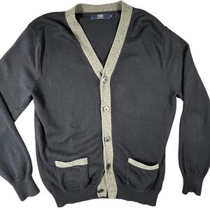J.Crew Cotton Cardigan Sweater‎ Mens Medium M Black Gray Trim Long Sleeve Knit